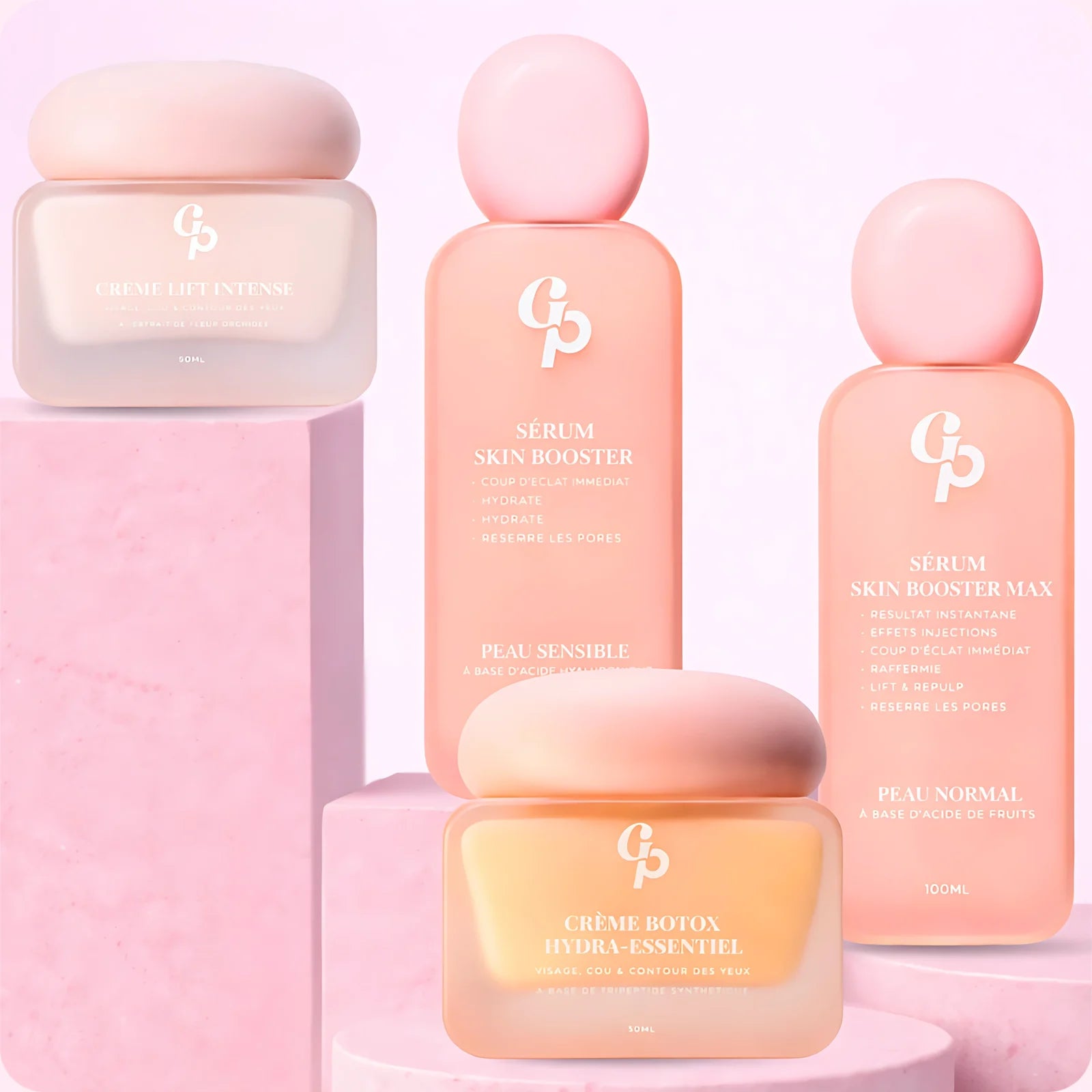 Girls Powers serums, Lift cream and Botox cream on a pink background